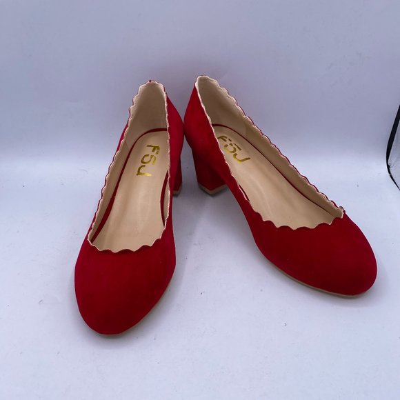 FSJ Shoes - FSJ Chunky Cute Dress Shoes Scalloping Round Toe